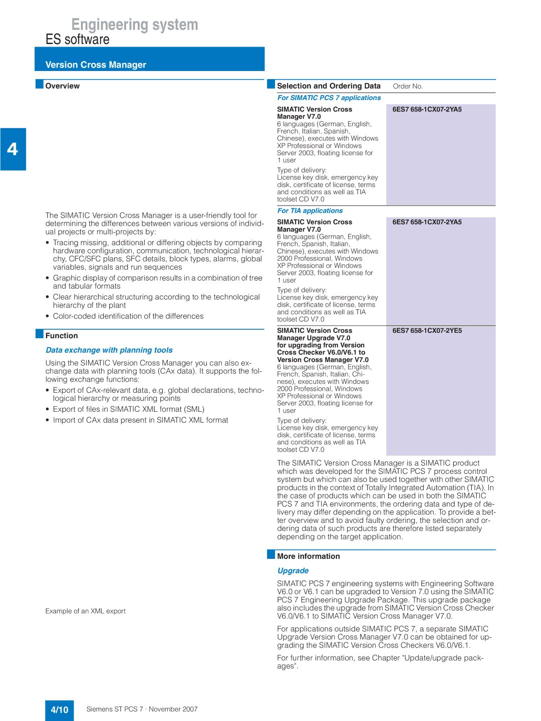 Siemens ST PCS 7 Version Cross Manager, Overview Selection and Ordering Data Order No, Data exchange with planning tools 