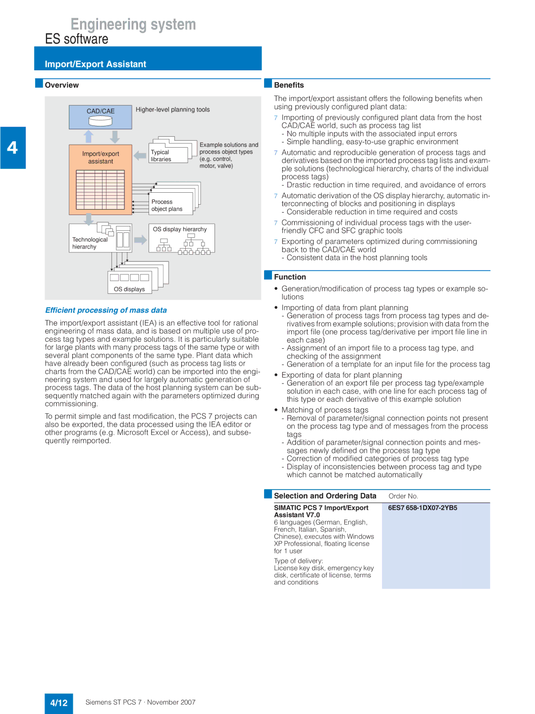 Siemens ST PCS 7 manual Import/Export Assistant, Overview Benefits, Efficient processing of mass data 