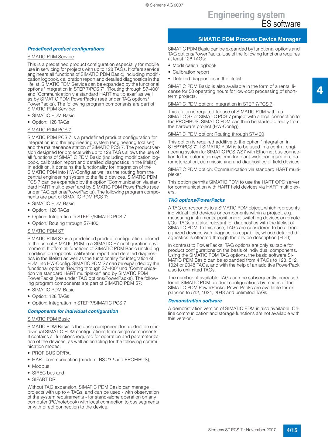 Siemens ST PCS 7 manual Predefined product configurations, Components for individual configuration, TAG options/PowerPacks 