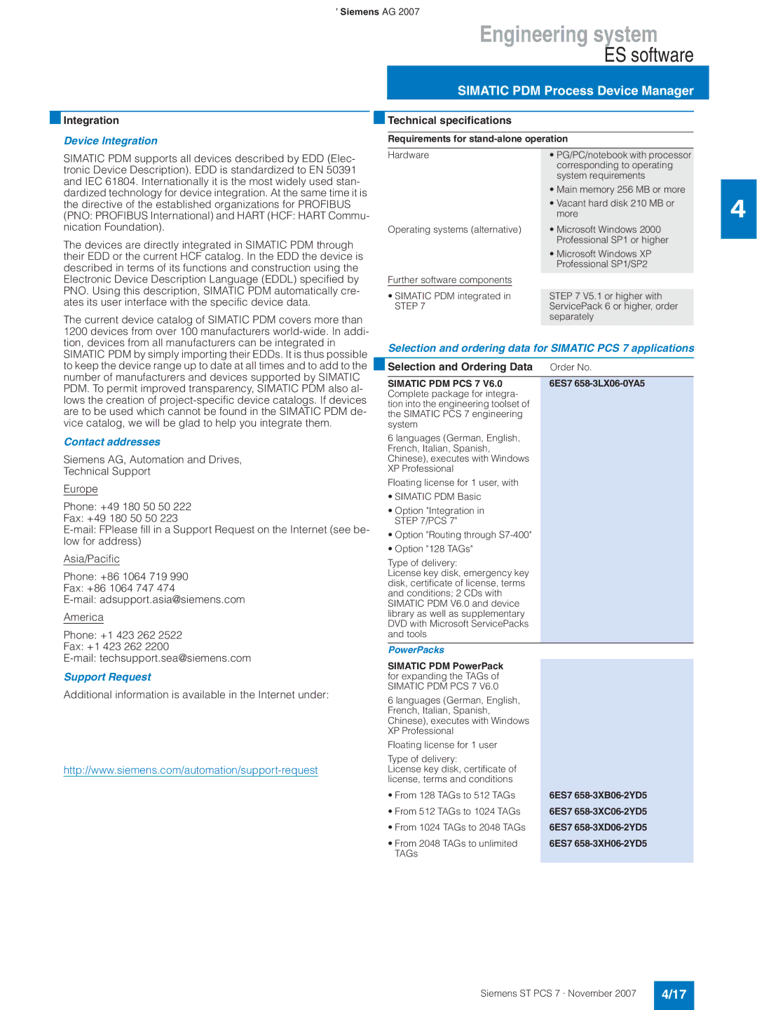 Siemens ST PCS 7 manual Device Integration, Contact addresses, Support Request 