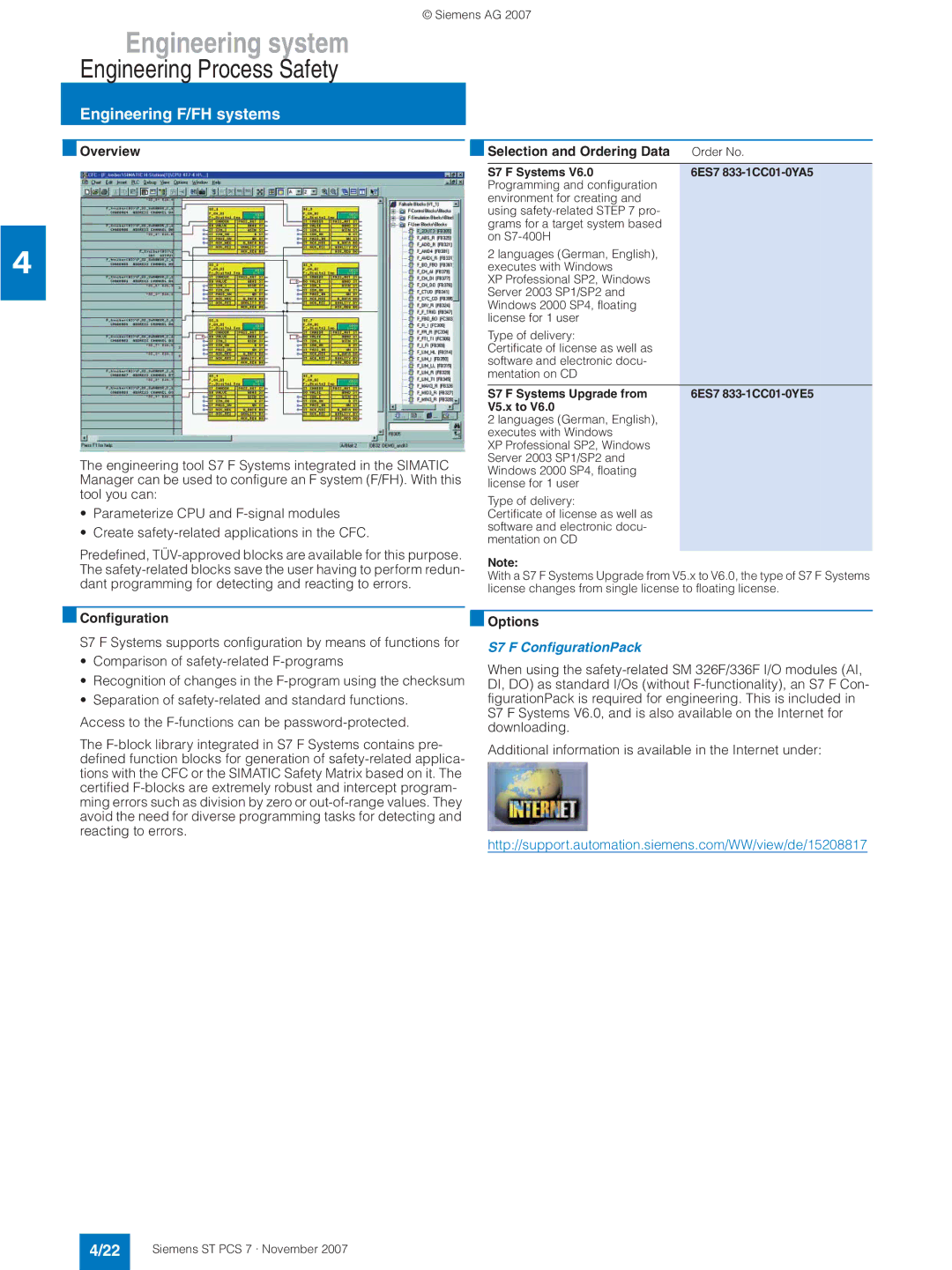 Siemens ST PCS 7 manual Engineering F/FH systems, S7 F ConfigurationPack, S7 F Systems 6ES7 833-1CC01-0YA5 