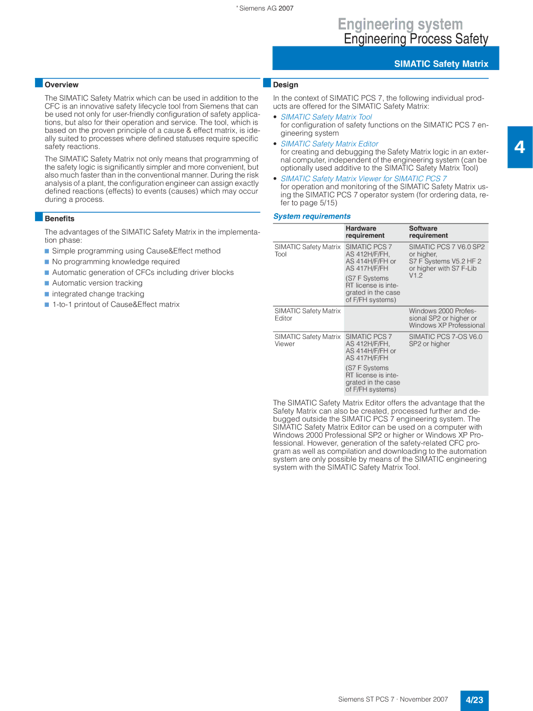 Siemens ST PCS 7 manual Simatic Safety Matrix Editor, System requirements, Hardware Software Requirement 