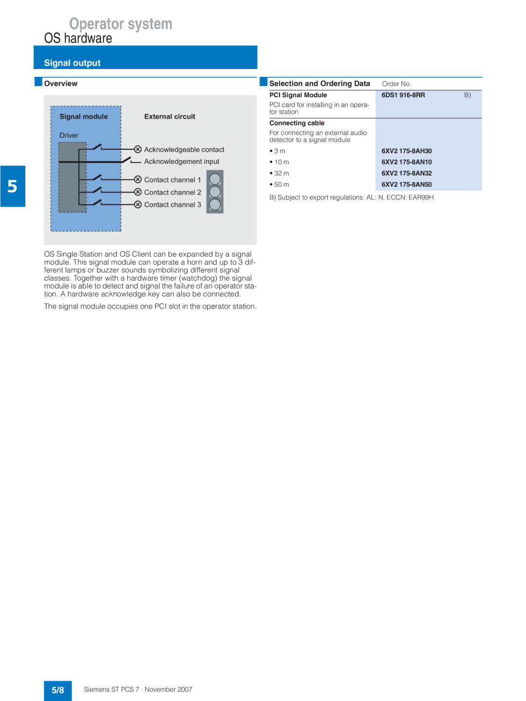 Siemens ST PCS 7 manual Signal output, Overview Signal module, Order No PCI Signal Module 6DS1 916-8RR 