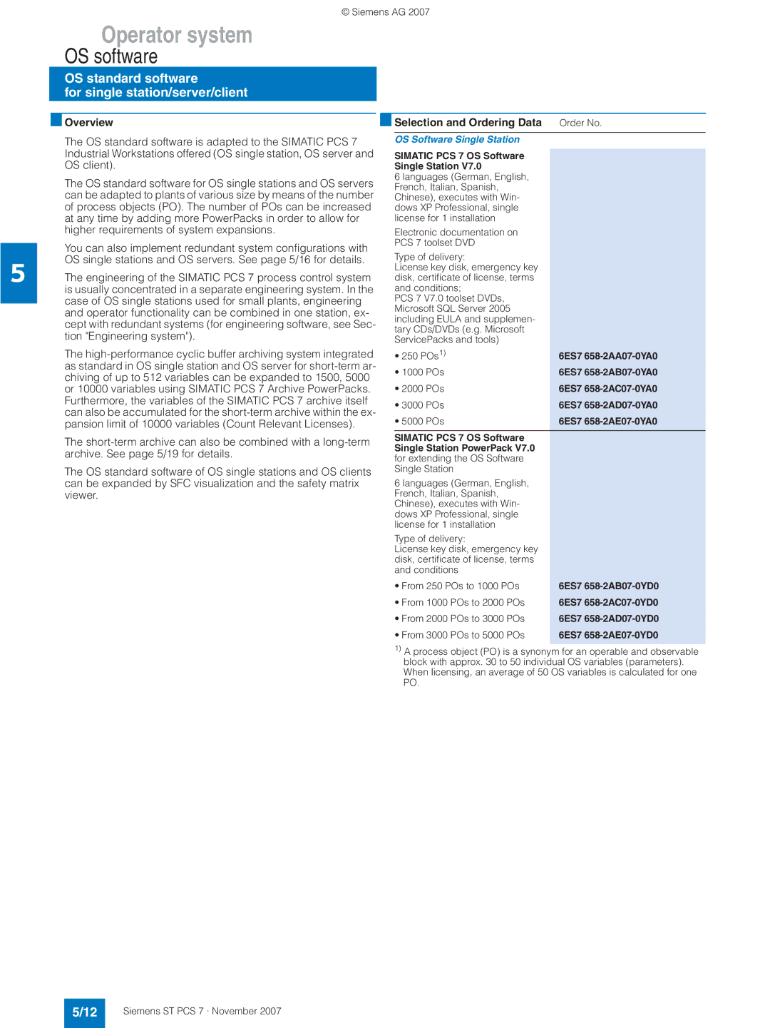 Siemens ST PCS 7 manual OS standard software For single station/server/client, OS Software Single Station 