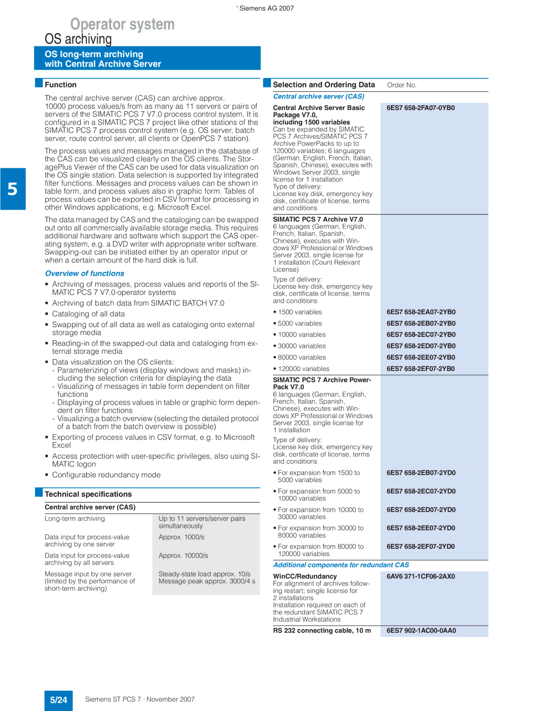 Siemens ST PCS 7 manual Overview of functions, Central archive server CAS, Additional components for redundant CAS 