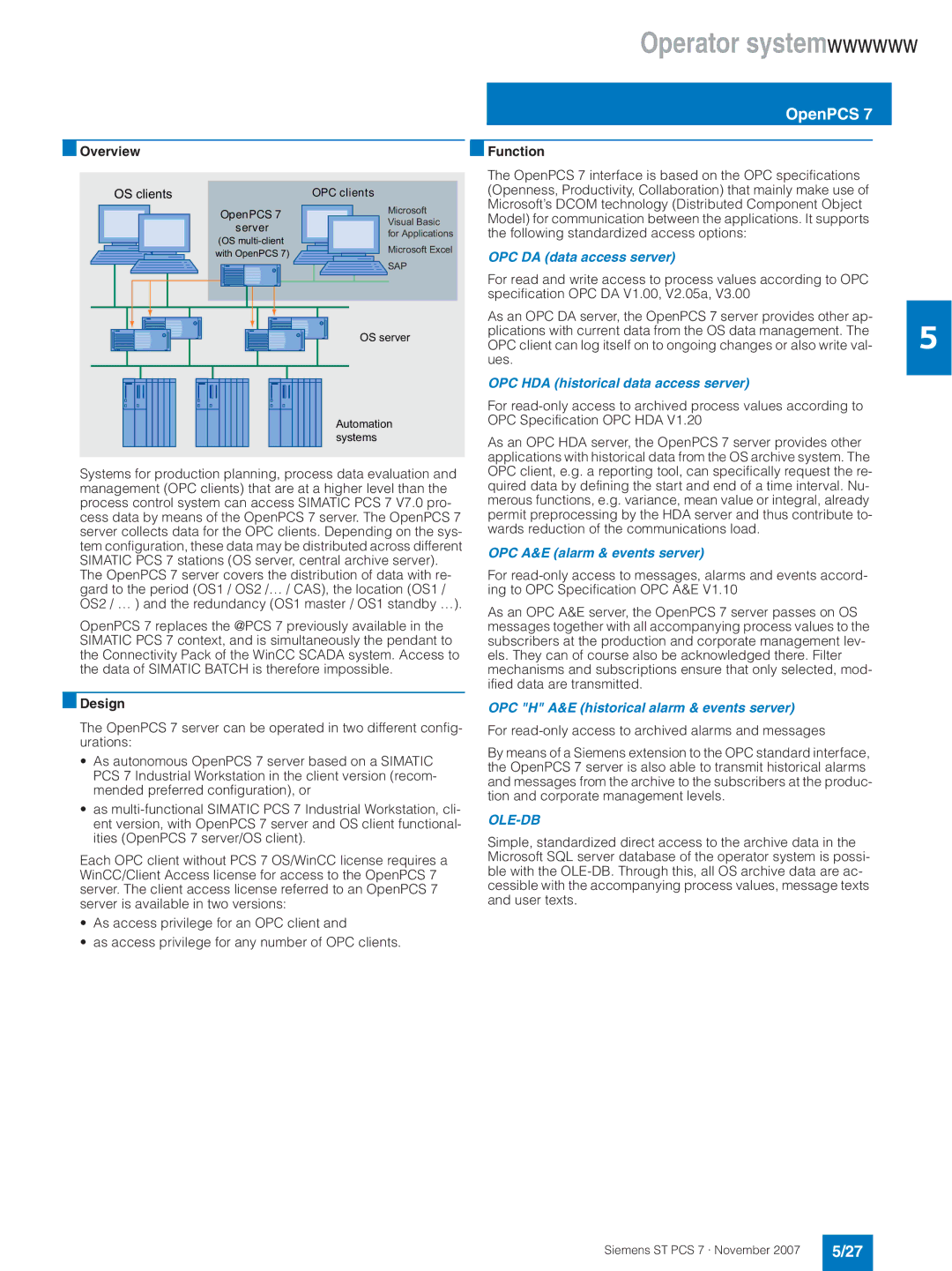 Siemens ST PCS 7 OpenPCS, OPC DA data access server, OPC HDA historical data access server, OPC A&E alarm & events server 