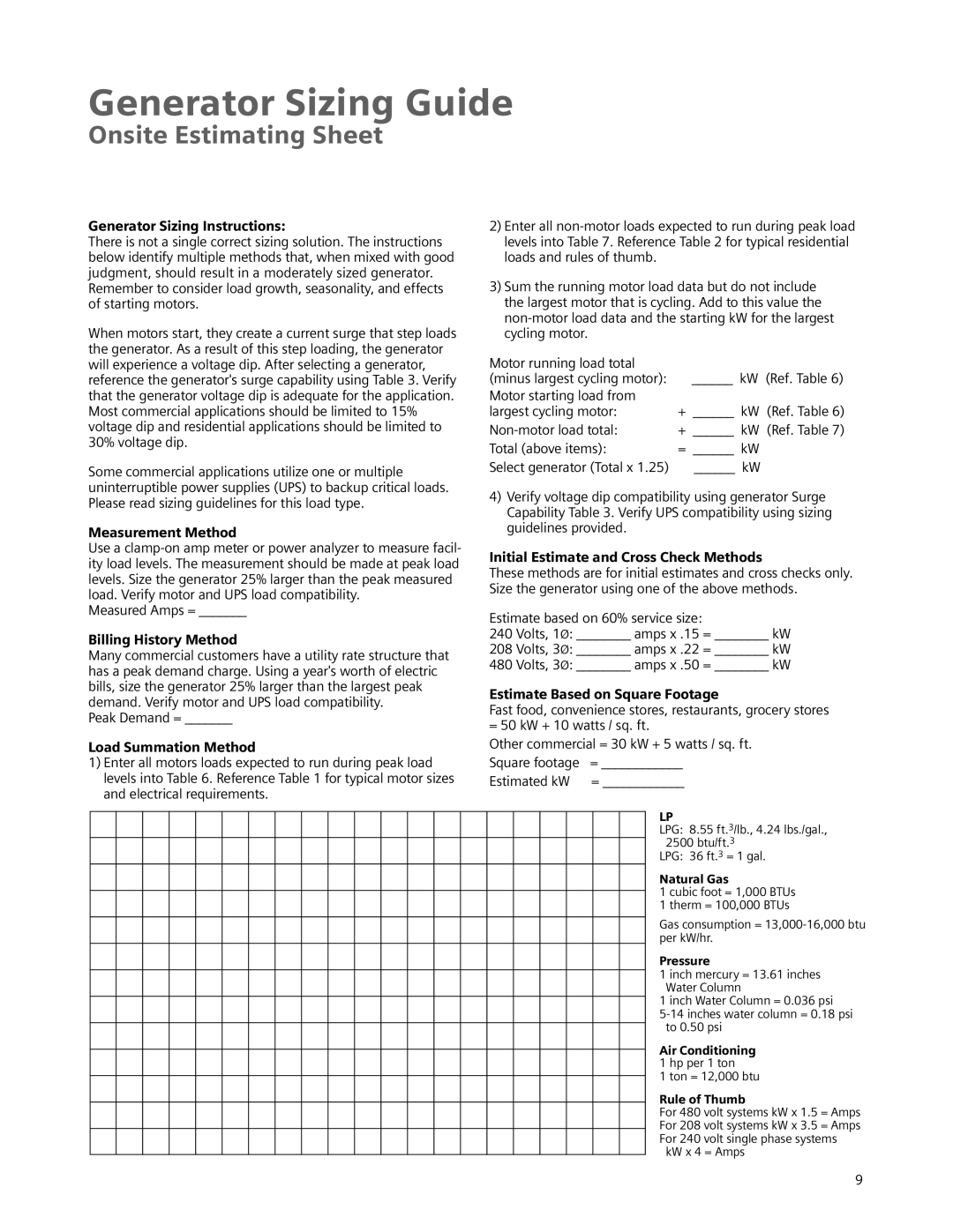 Siemens Standby Generators manual Generator Sizing Instructions, Measurement Method, Billing History Method 