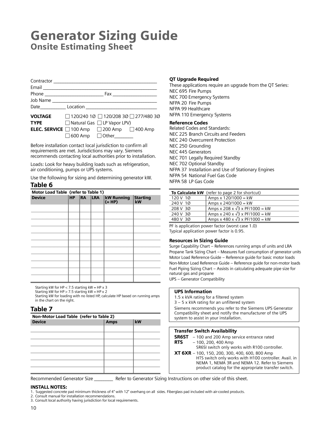 Siemens Standby Generators manual Generator Sizing Guide 