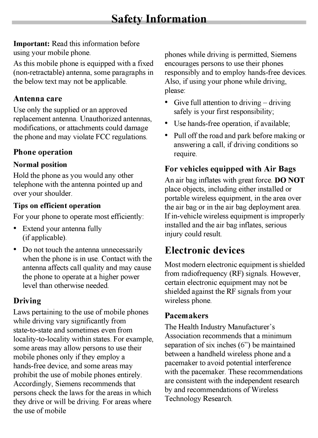 Siemens SX56 manual Electronic devices 