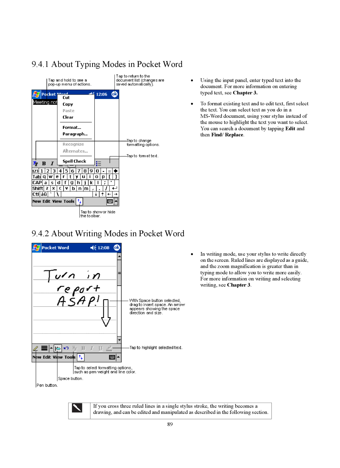 Siemens SX56 manual About Typing Modes in Pocket Word, About Writing Modes in Pocket Word 