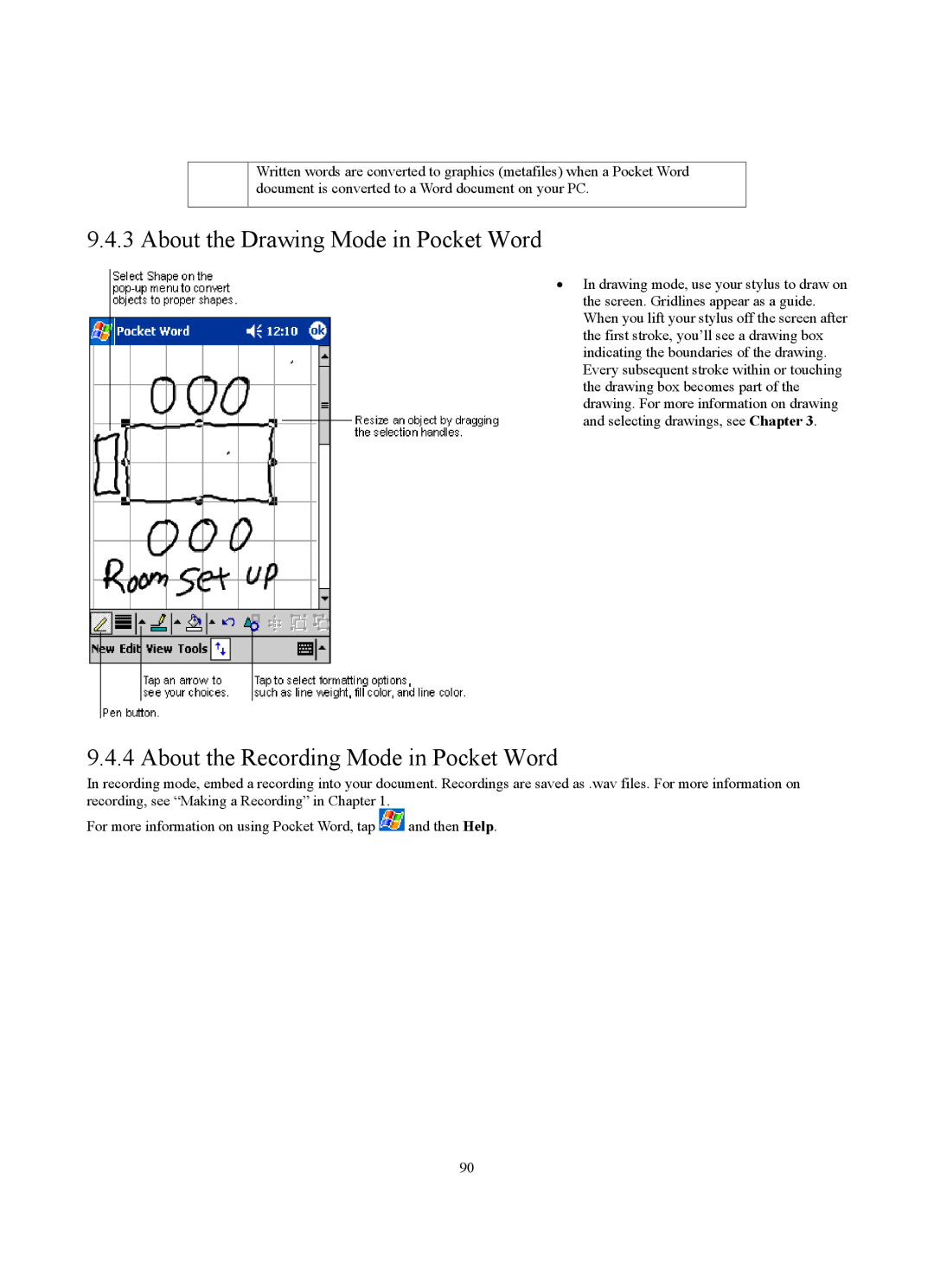 Siemens SX56 manual About the Drawing Mode in Pocket Word, About the Recording Mode in Pocket Word 