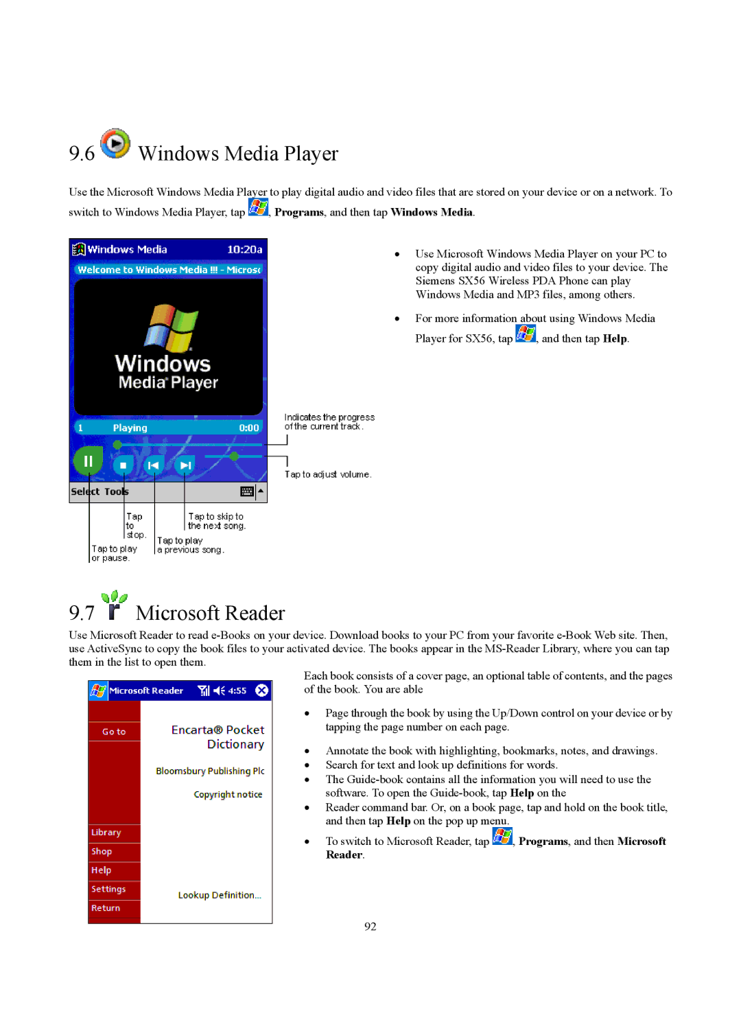 Siemens SX56 manual Windows Media Player, Microsoft Reader 