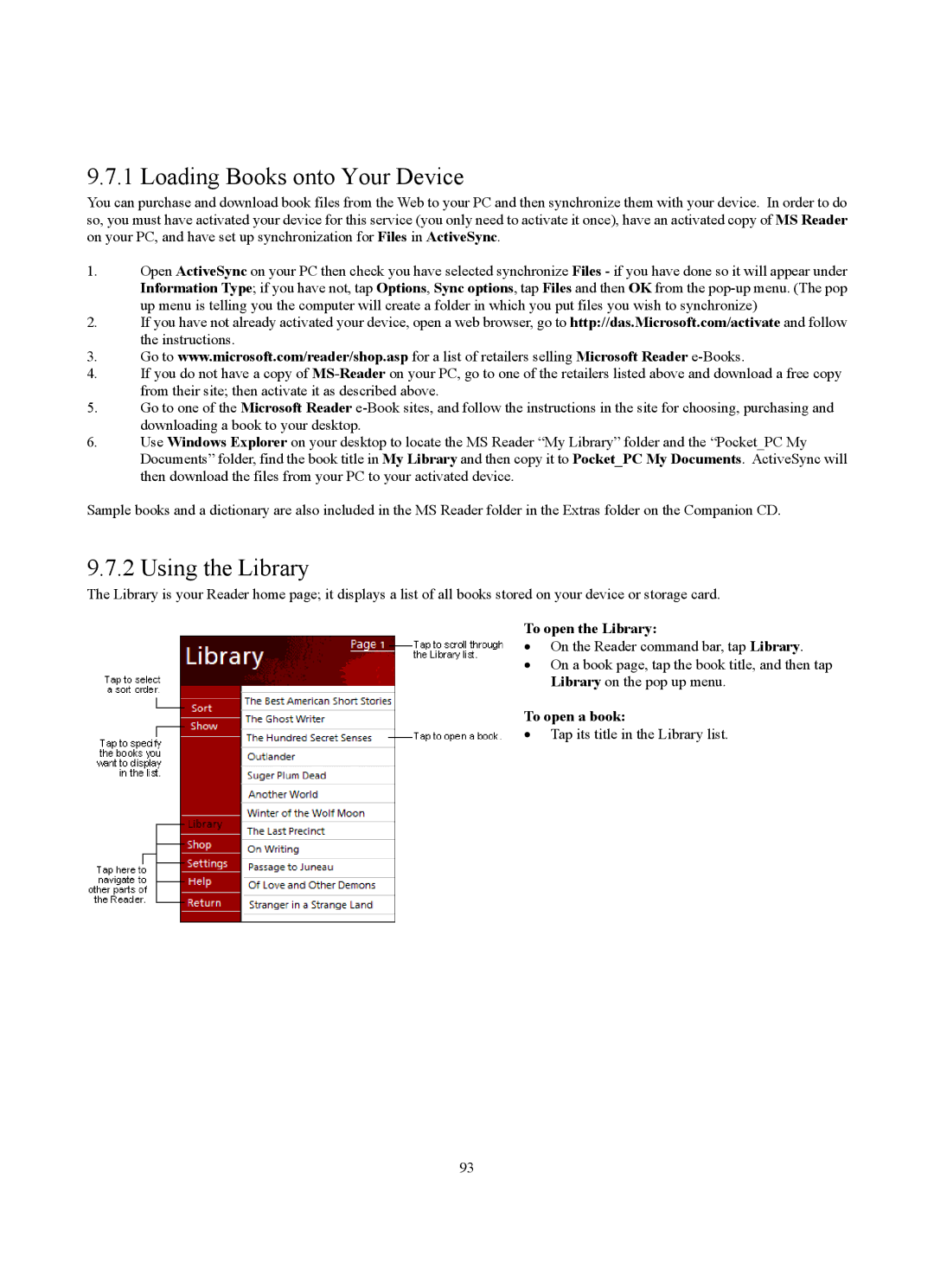 Siemens SX56 manual Loading Books onto Your Device, Using the Library, To open the Library, To open a book 