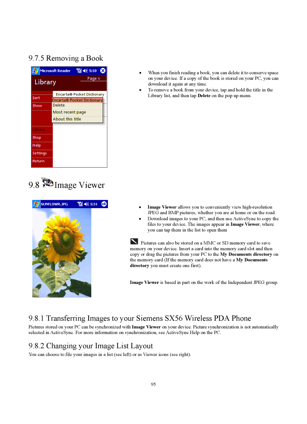 Siemens manual Image Viewer, Removing a Book, Transferring Images to your Siemens SX56 Wireless PDA Phone 