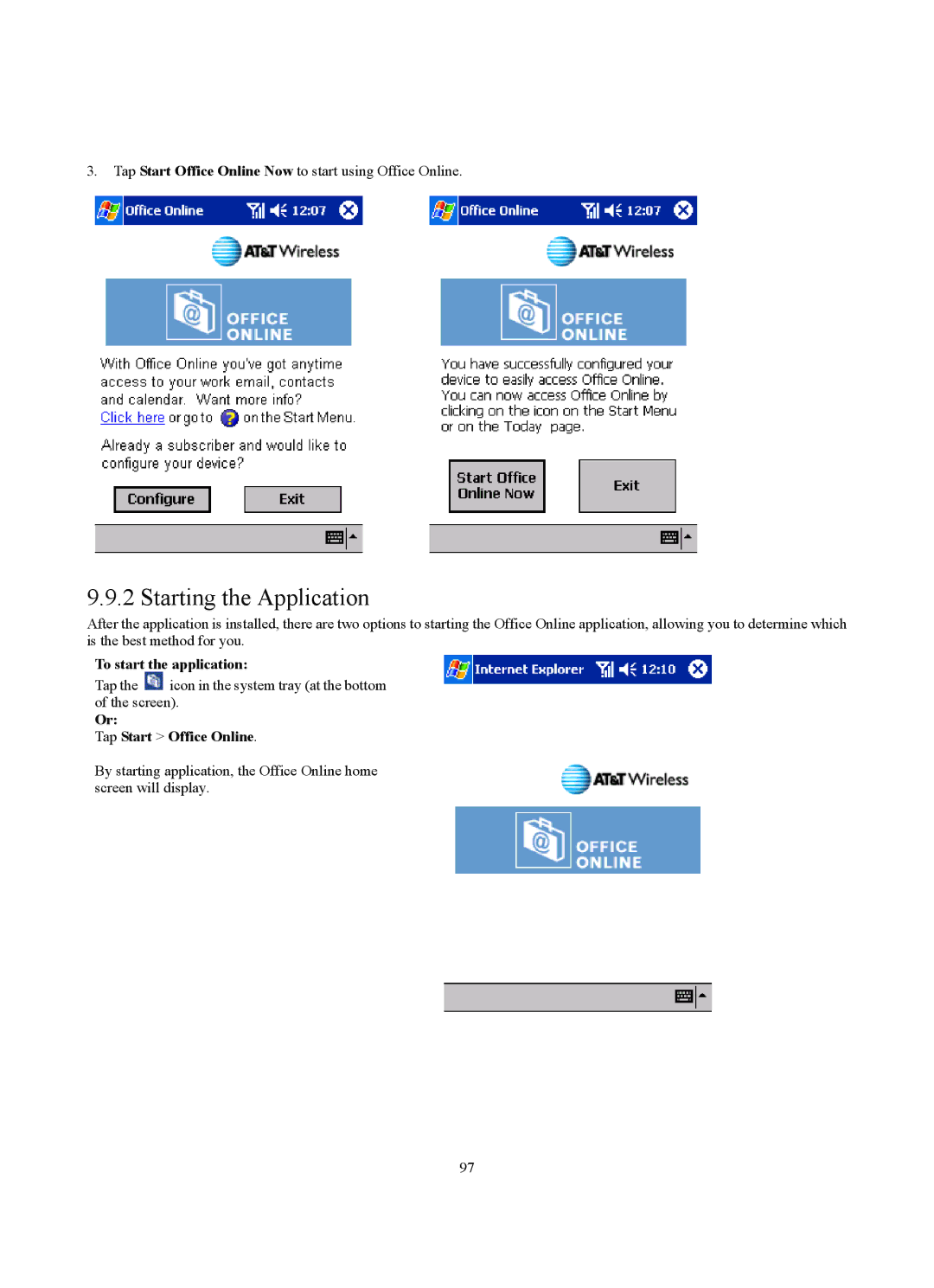 Siemens SX56 manual Starting the Application, To start the application, Tap Start Office Online 