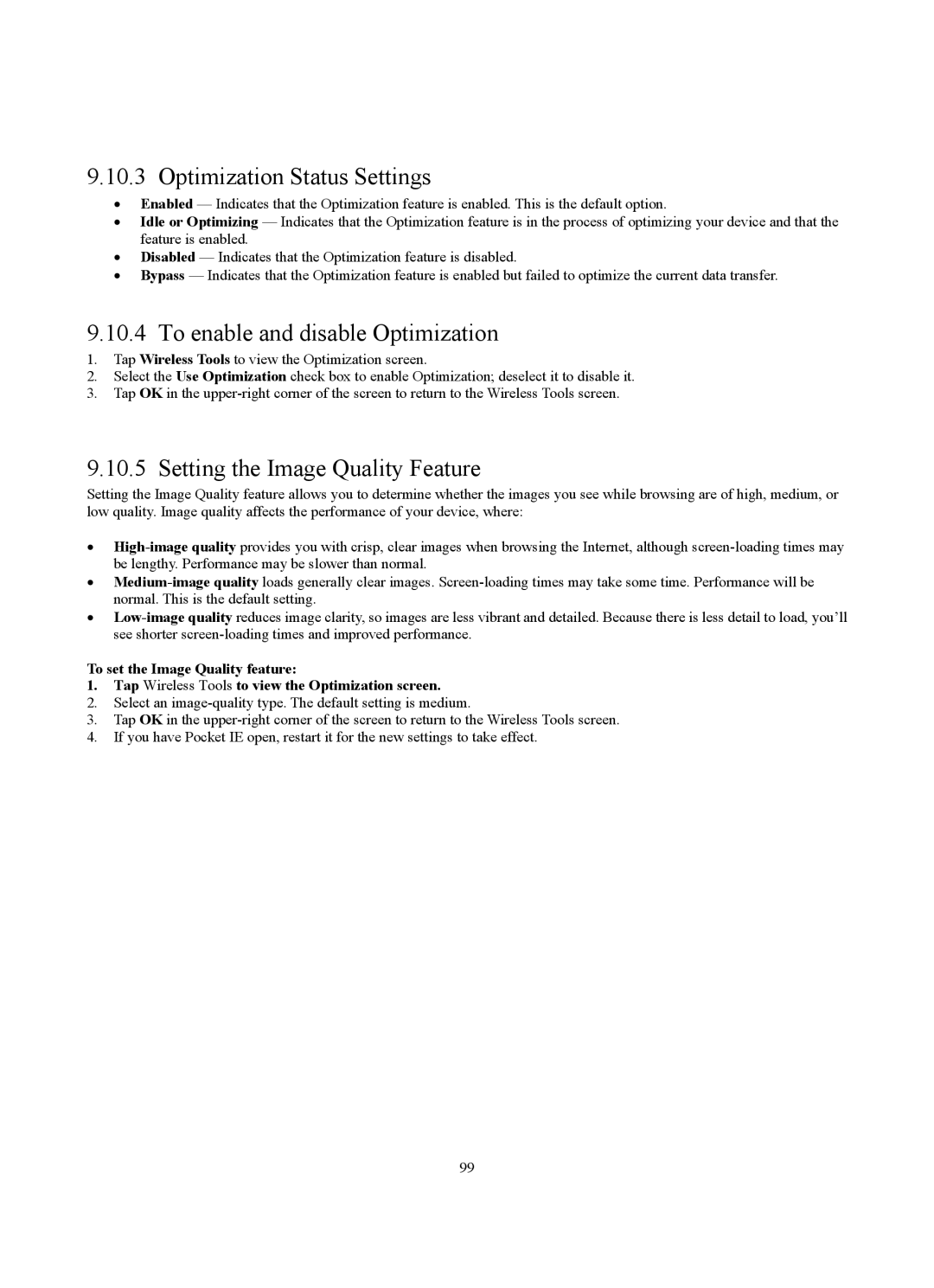 Siemens SX56 manual Optimization Status Settings, To enable and disable Optimization, Setting the Image Quality Feature 