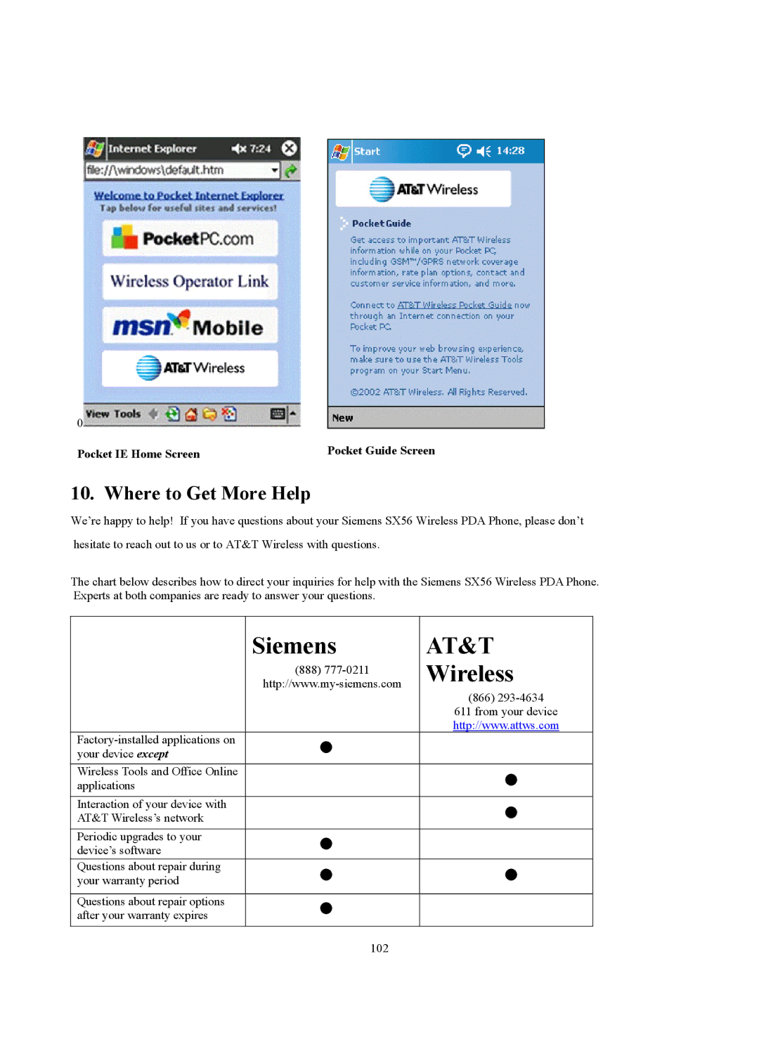 Siemens SX56 manual Siemens, Wireless, Pocket IE Home Screen Pocket Guide Screen 