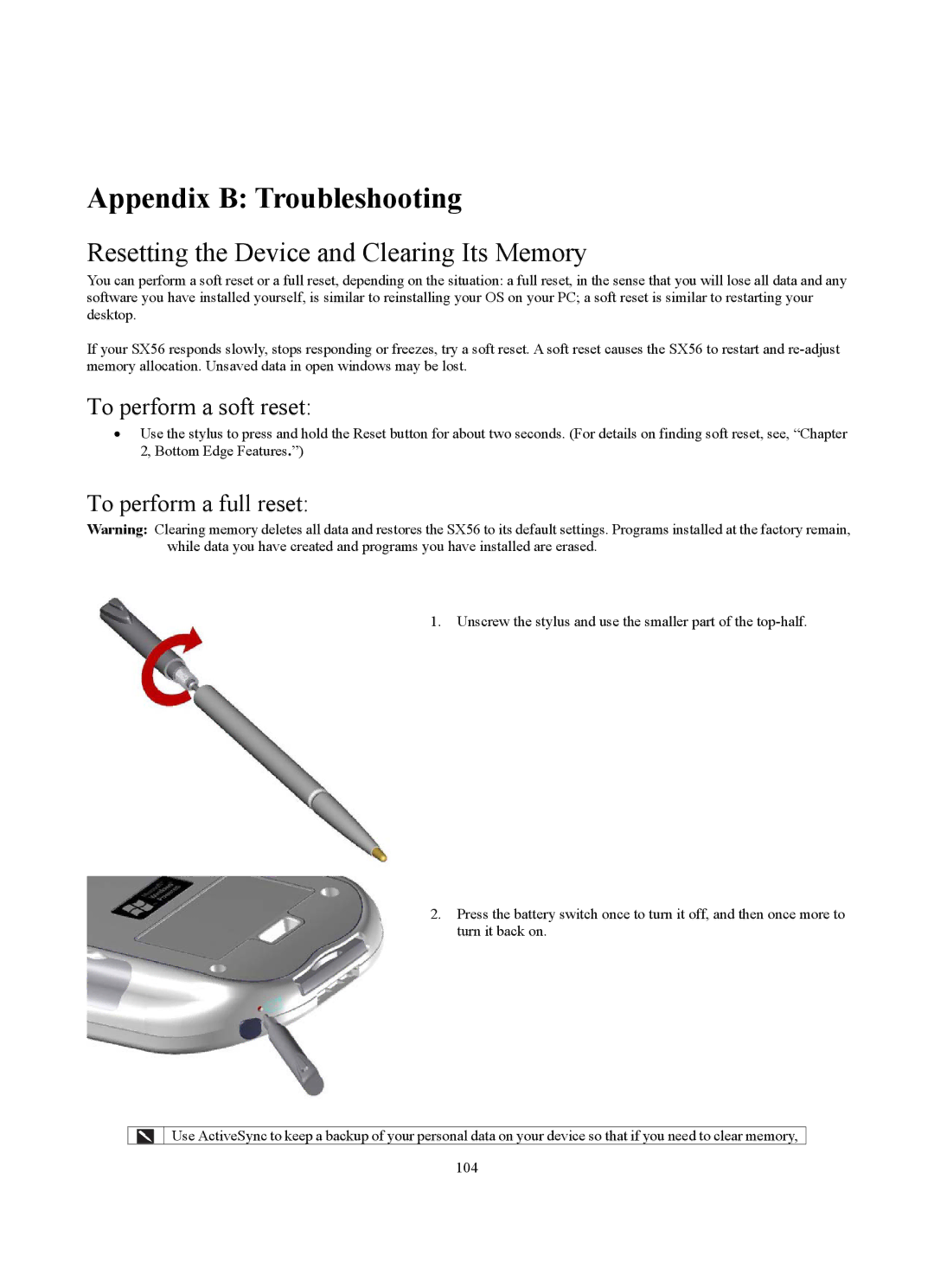 Siemens SX56 manual Appendix B Troubleshooting, Resetting the Device and Clearing Its Memory 