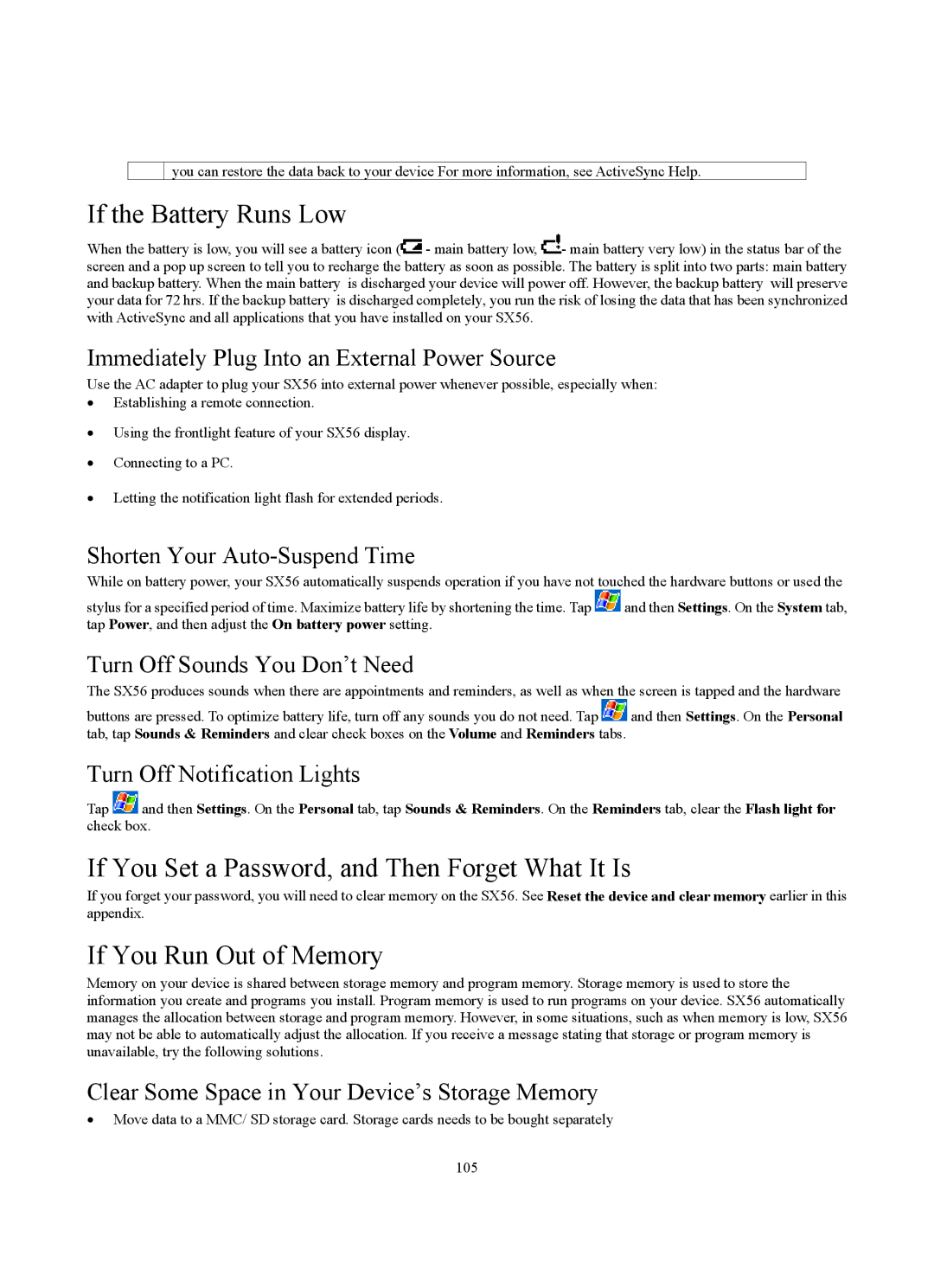 Siemens SX56 manual If the Battery Runs Low, If You Set a Password, and Then Forget What It Is, If You Run Out of Memory 