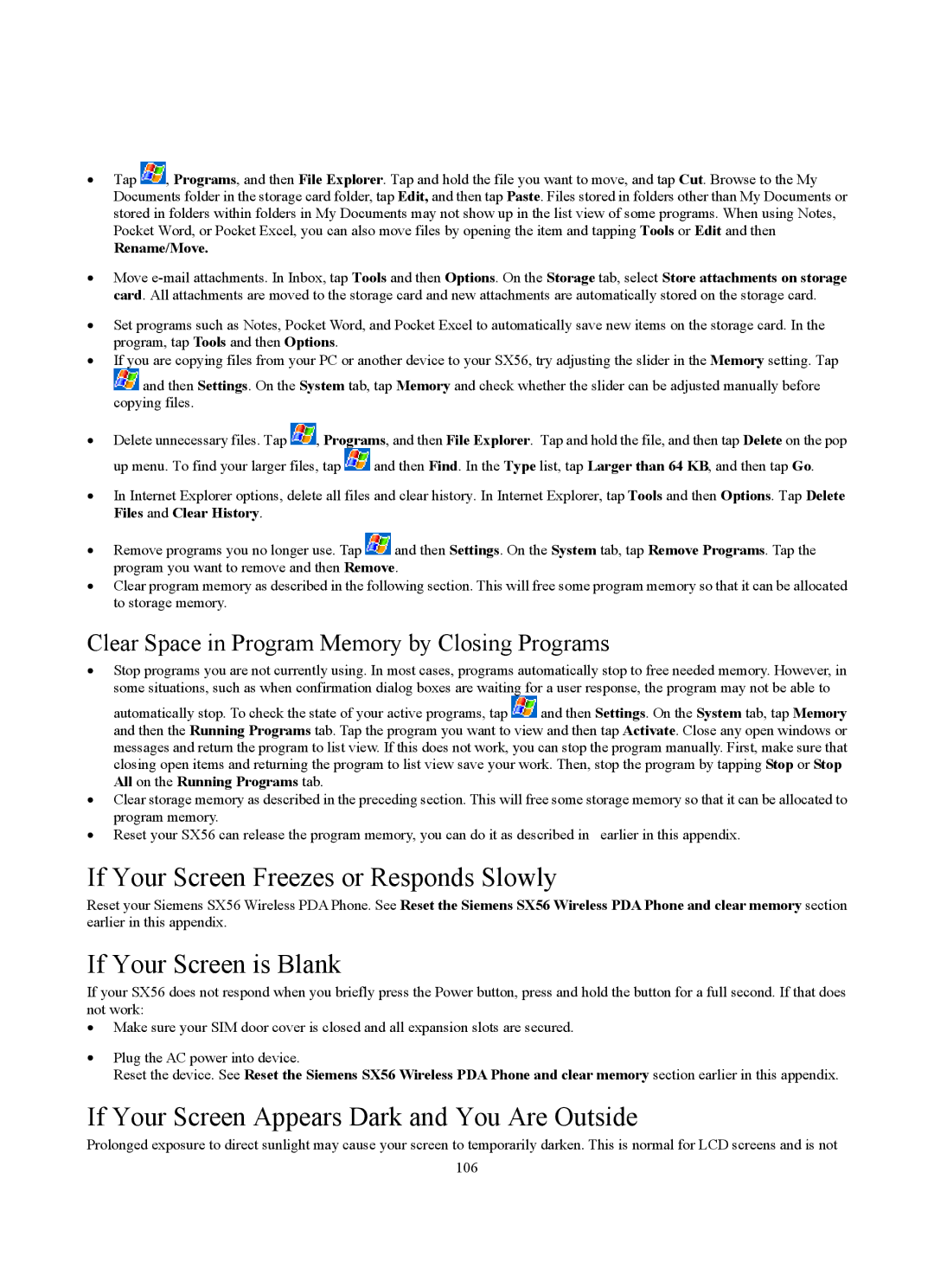 Siemens SX56 manual If Your Screen Freezes or Responds Slowly, If Your Screen is Blank, Rename/Move 