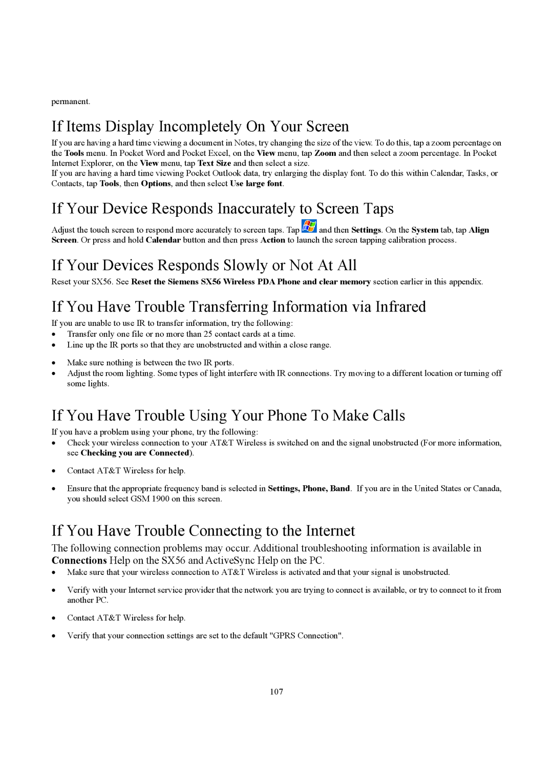 Siemens SX56 manual If Items Display Incompletely On Your Screen, If Your Device Responds Inaccurately to Screen Taps 