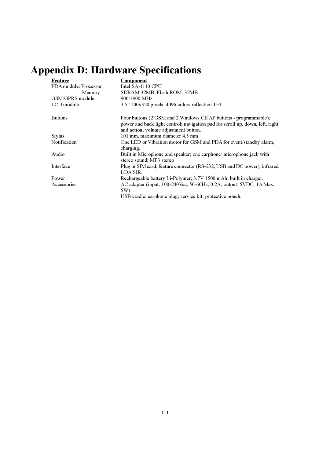 Siemens SX56 manual Appendix D Hardware Specifications, Feature Component 