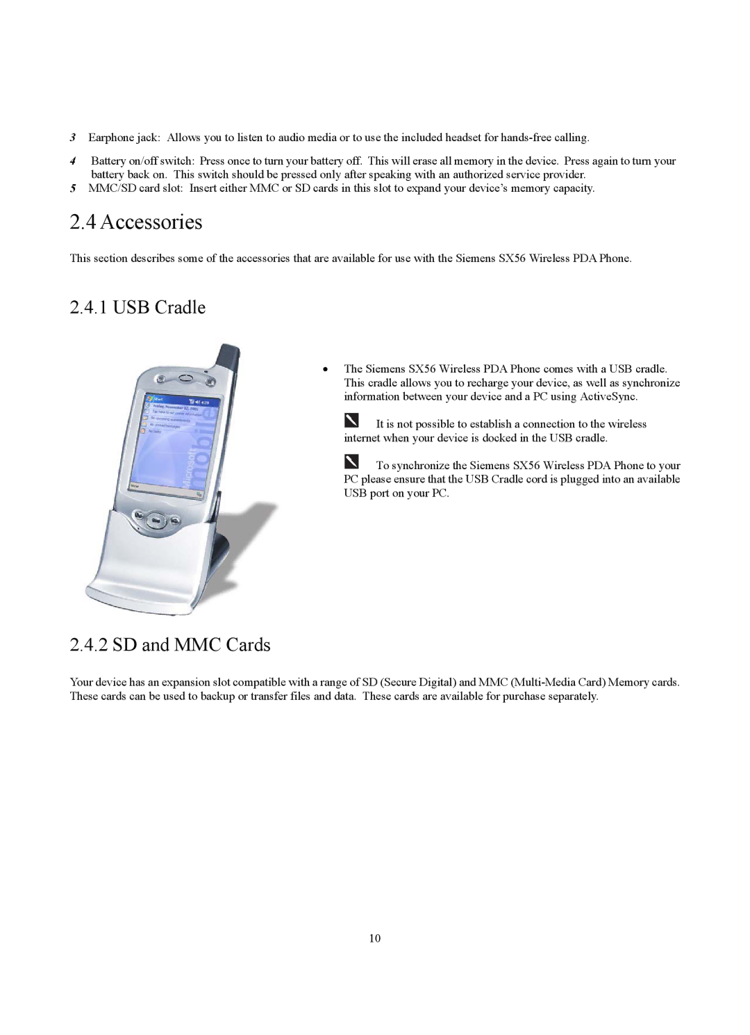 Siemens SX56 manual Accessories, USB Cradle, SD and MMC Cards 