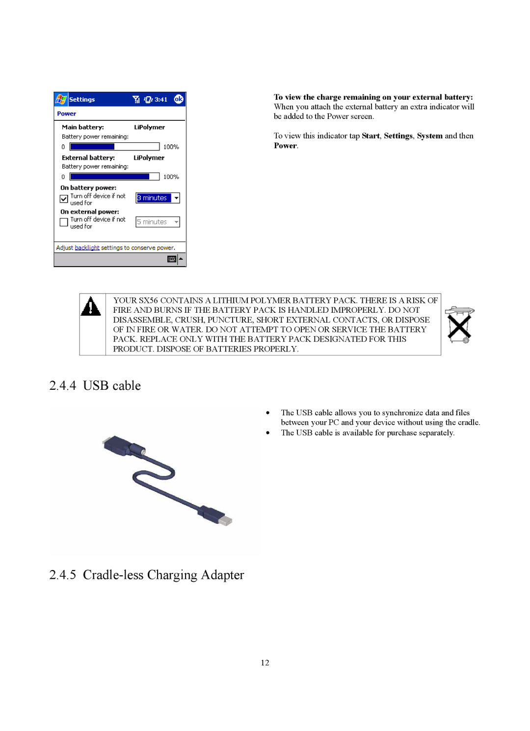 Siemens SX56 manual USB cable, Cradle-less Charging Adapter, Power 