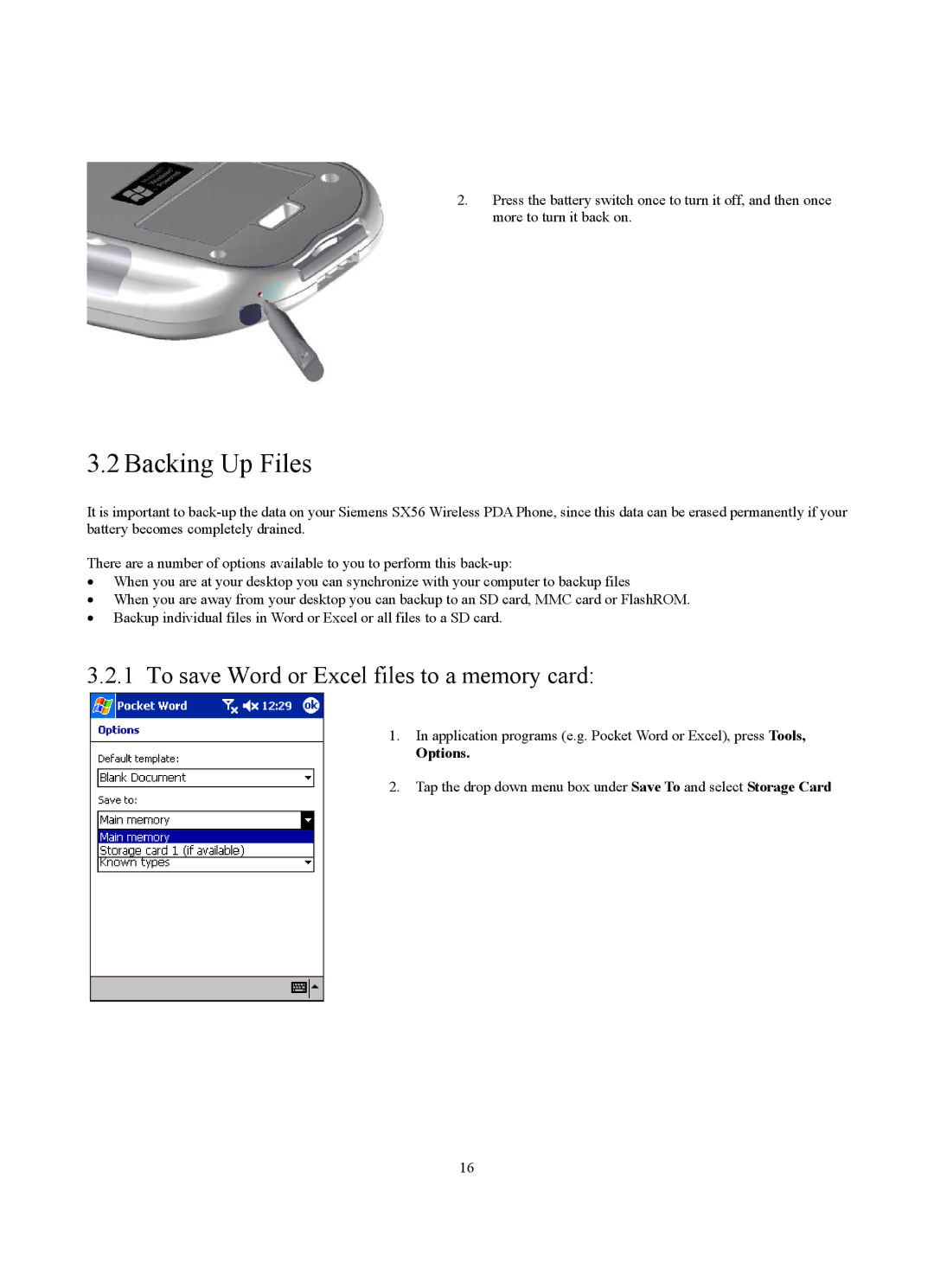 Siemens SX56 manual Backing Up Files, To save Word or Excel files to a memory card, Options 