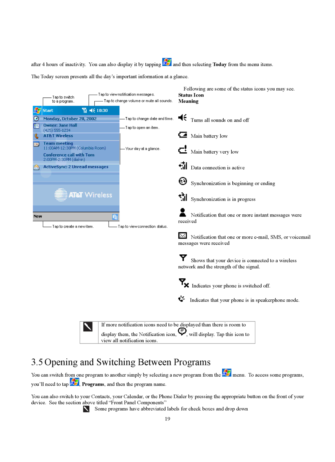 Siemens SX56 manual Opening and Switching Between Programs, Status Icon Meaning 