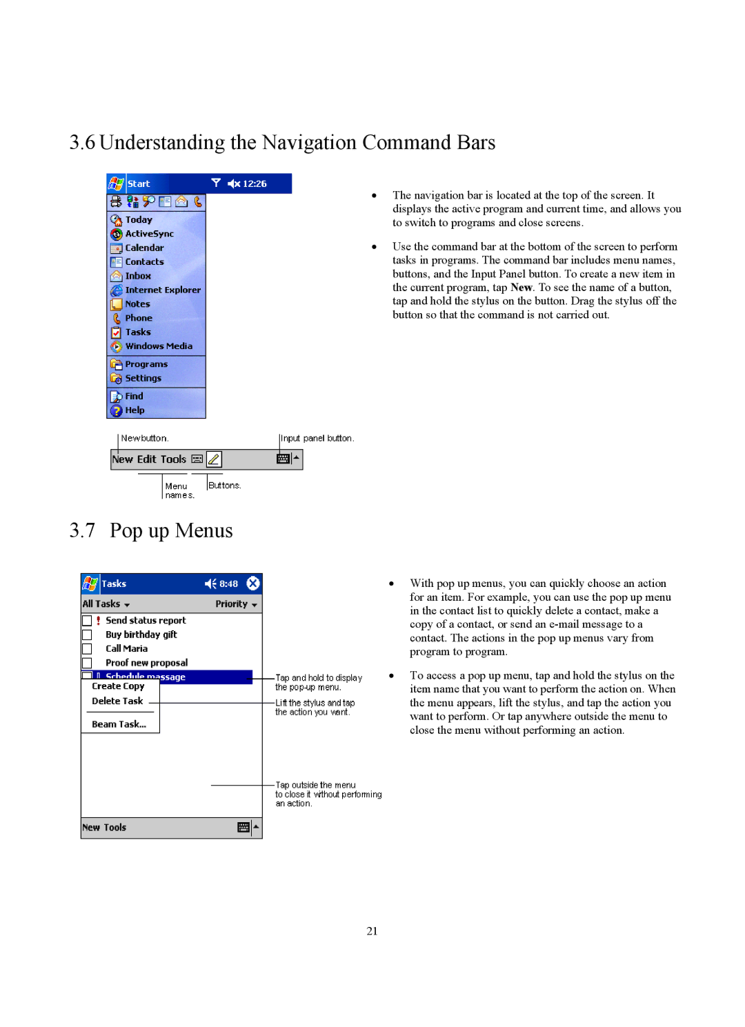 Siemens SX56 manual Understanding the Navigation Command Bars, Pop up Menus 