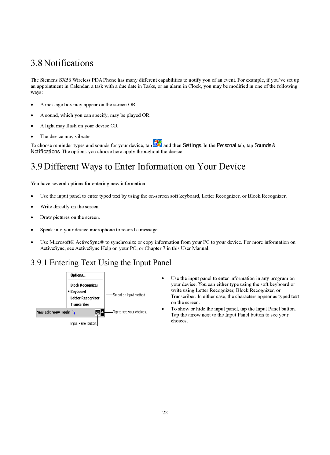 Siemens SX56 manual Notifications, Different Ways to Enter Information on Your Device, Entering Text Using the Input Panel 