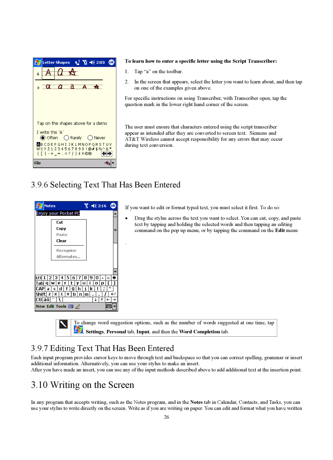 Siemens SX56 manual Writing on the Screen, Selecting Text That Has Been Entered, Editing Text That Has Been Entered 