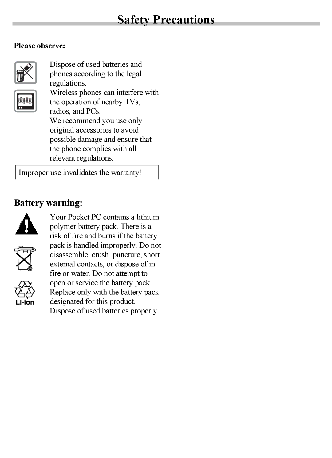 Siemens SX56 manual Battery warning 