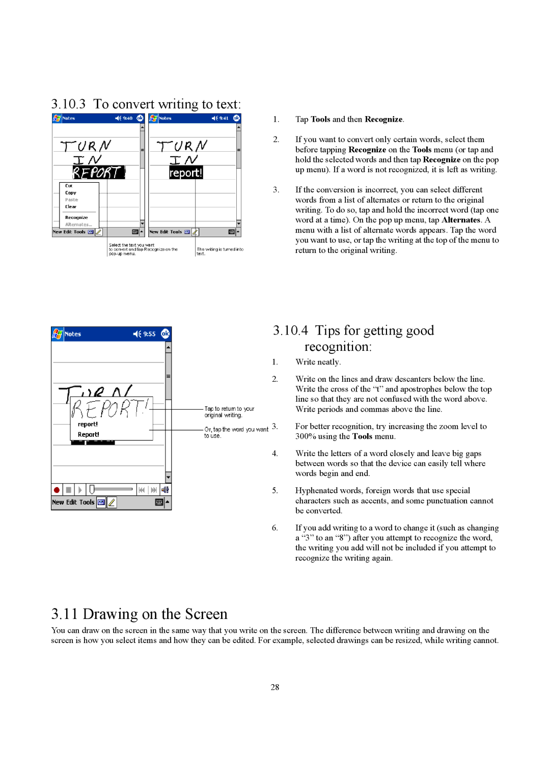 Siemens SX56 manual Drawing on the Screen, To convert writing to text, Tips for getting good recognition 