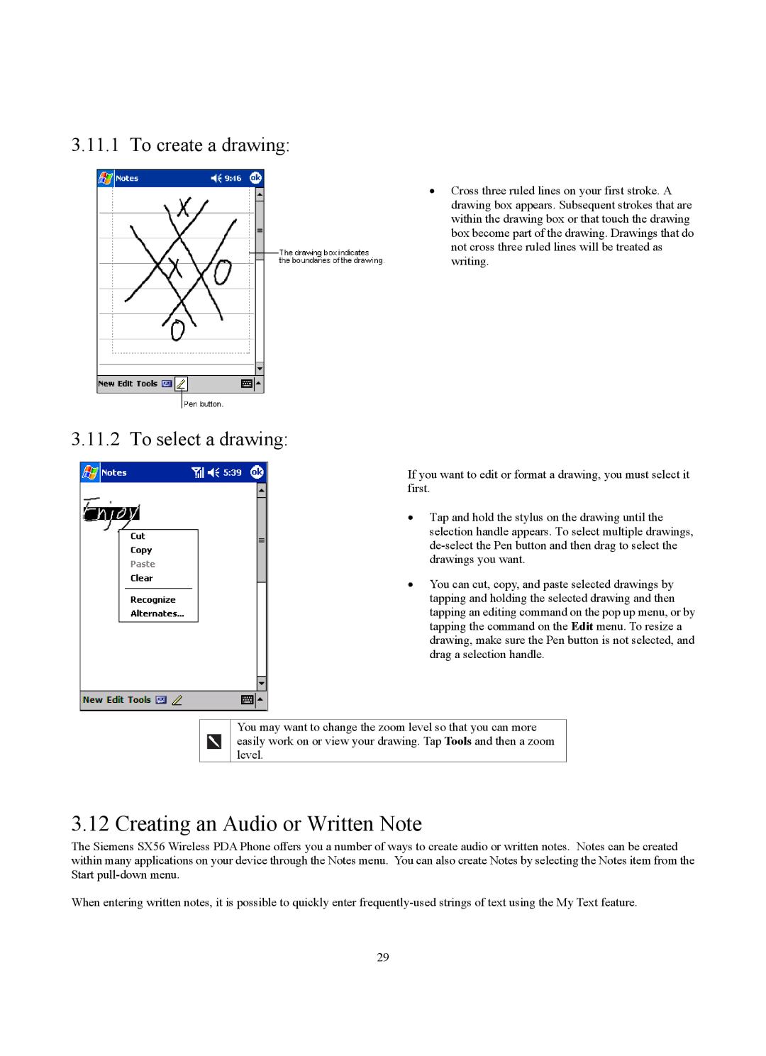 Siemens SX56 manual Creating an Audio or Written Note, To create a drawing To select a drawing 