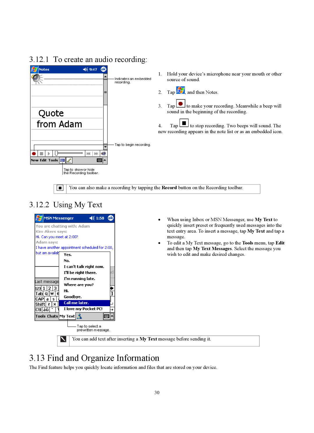 Siemens SX56 manual Find and Organize Information, To create an audio recording, Using My Text 