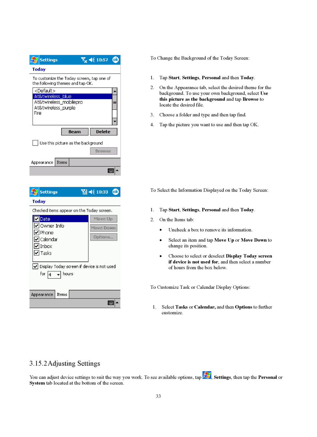 Siemens SX56 manual 15.2Adjusting Settings, Tap Start, Settings, Personal and then Today 