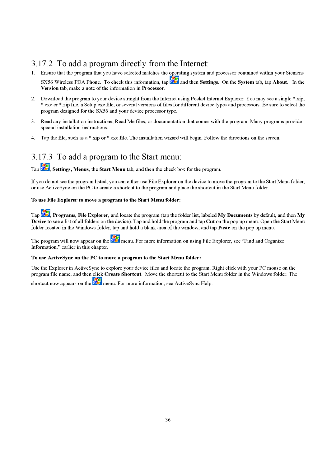 Siemens SX56 manual To add a program directly from the Internet, To add a program to the Start menu 