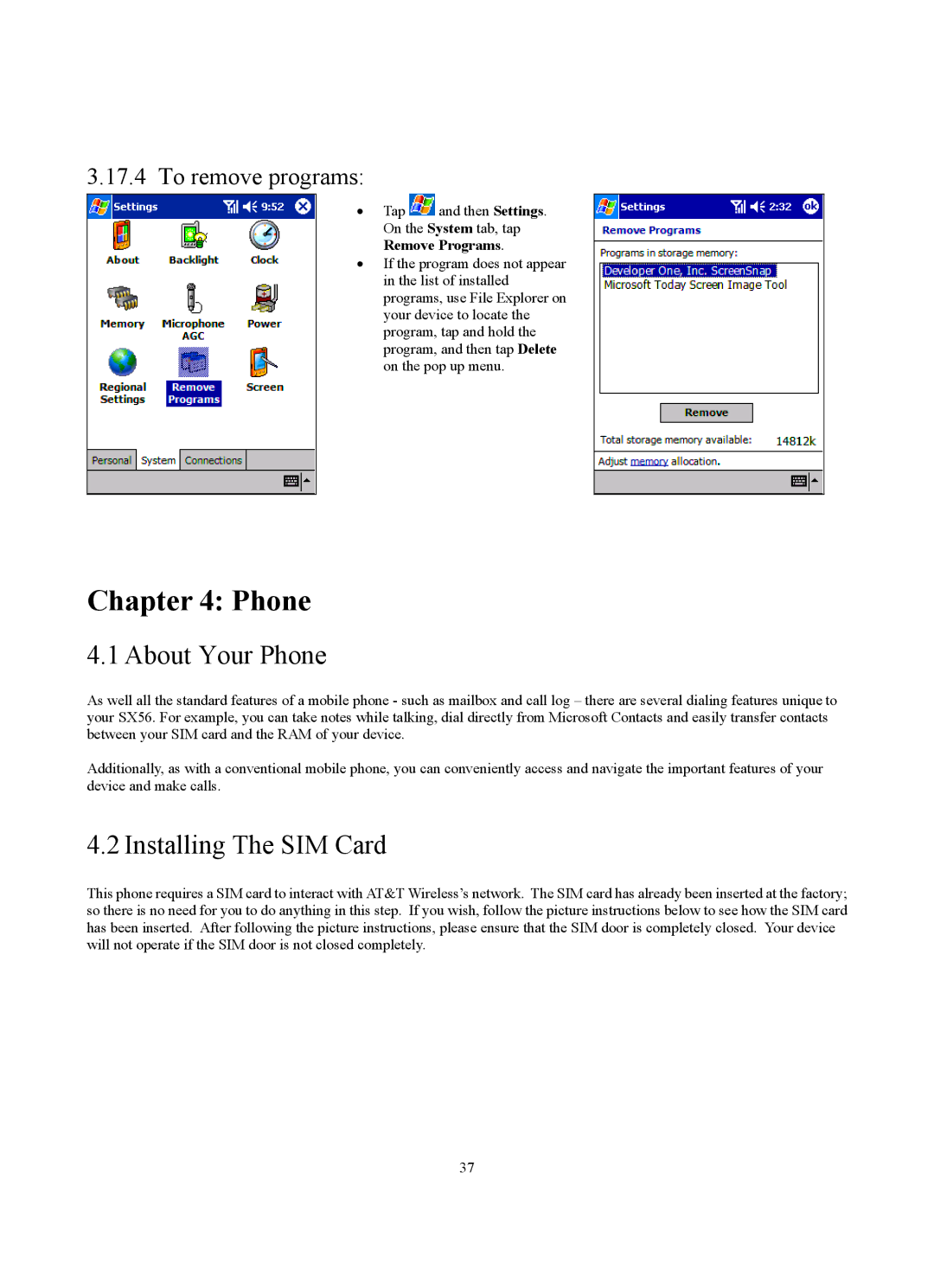 Siemens SX56 manual About Your Phone, Installing The SIM Card, To remove programs 