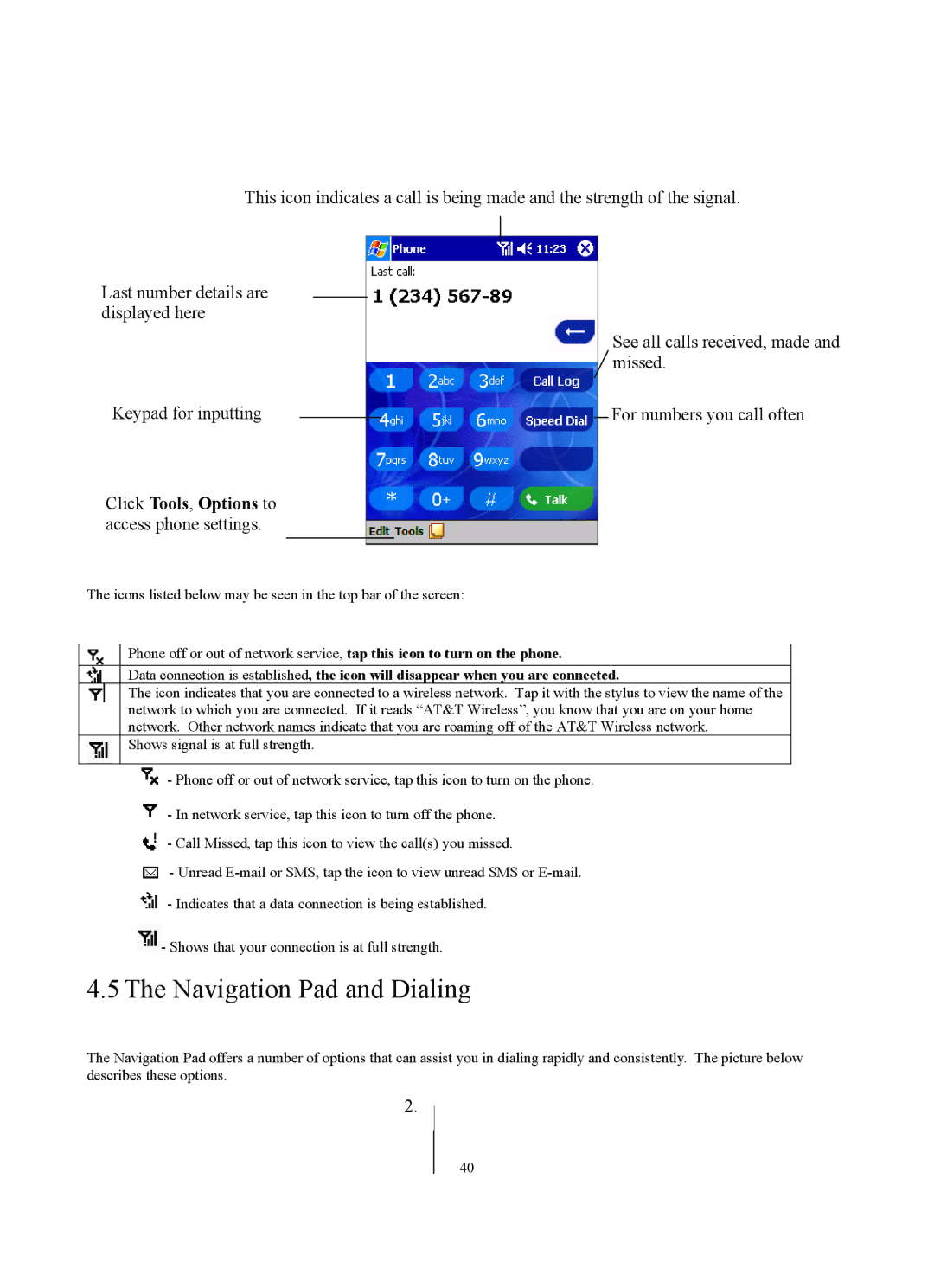 Siemens SX56 manual Navigation Pad and Dialing, Click Tools, Options to access phone settings 