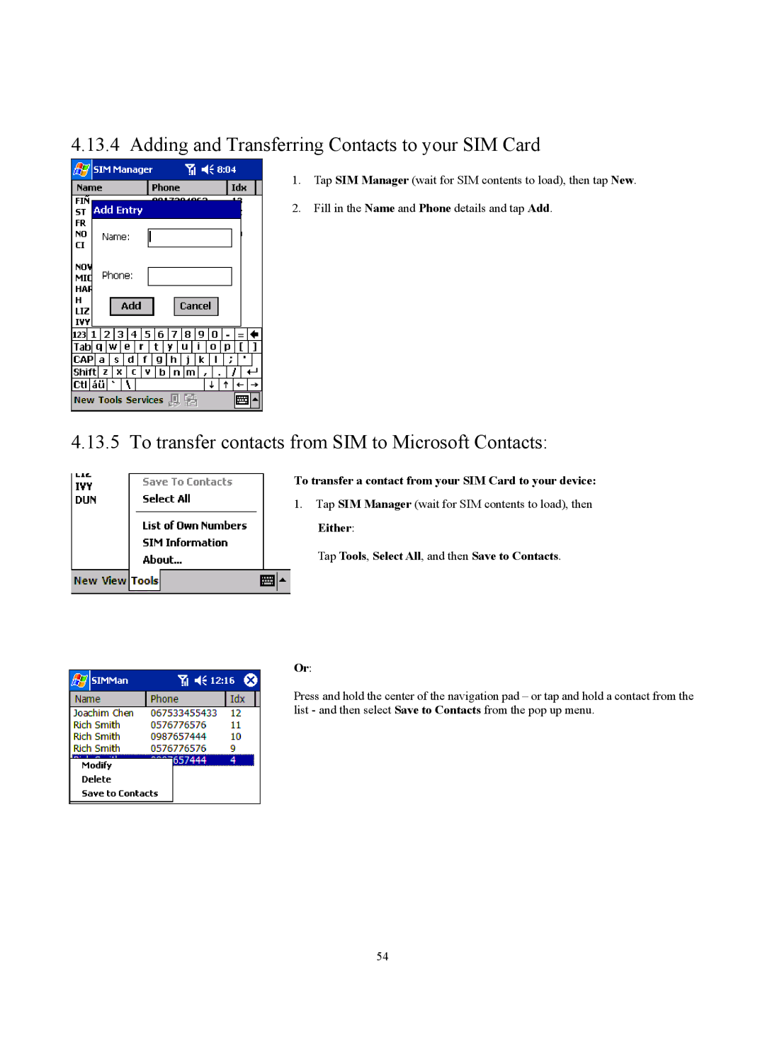 Siemens SX56 manual Adding and Transferring Contacts to your SIM Card, To transfer contacts from SIM to Microsoft Contacts 