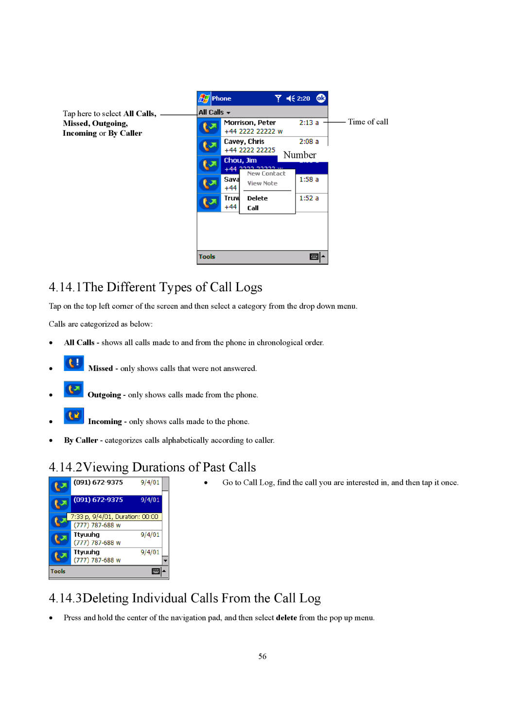 Siemens SX56 manual 14.1The Different Types of Call Logs, 14.2Viewing Durations of Past Calls 