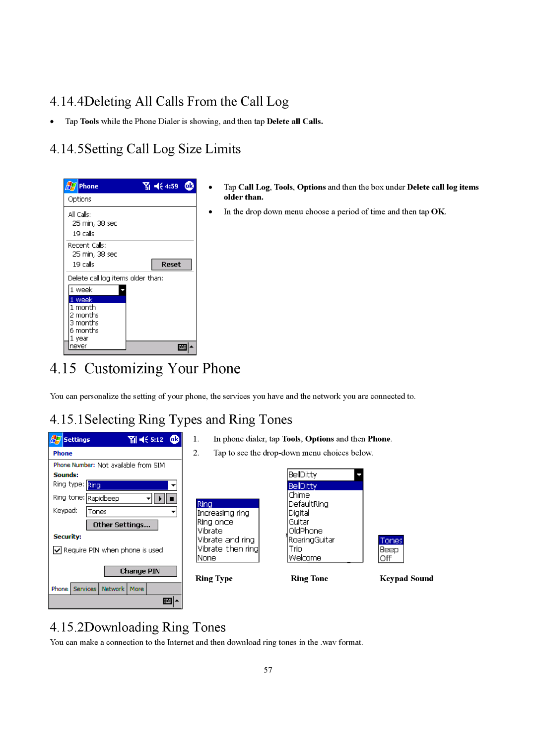 Siemens SX56 manual Customizing Your Phone, 14.4Deleting All Calls From the Call Log, 14.5Setting Call Log Size Limits 