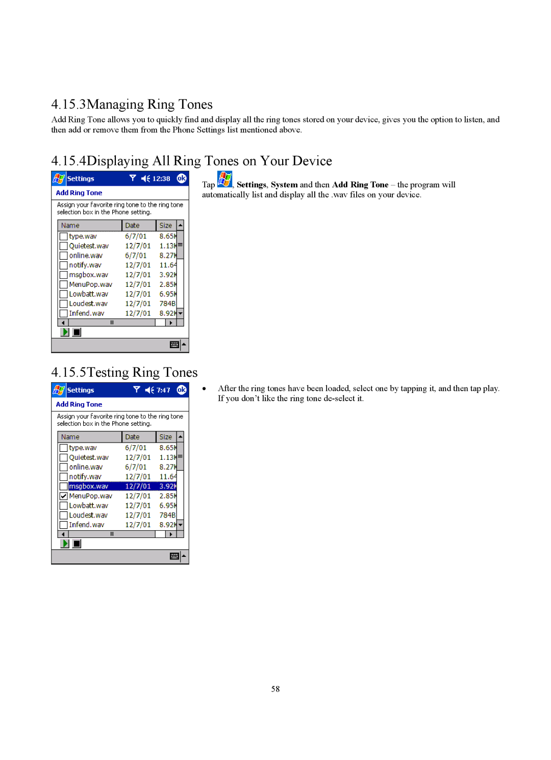 Siemens SX56 manual 15.3Managing Ring Tones, 15.4Displaying All Ring Tones on Your Device, 15.5Testing Ring Tones 