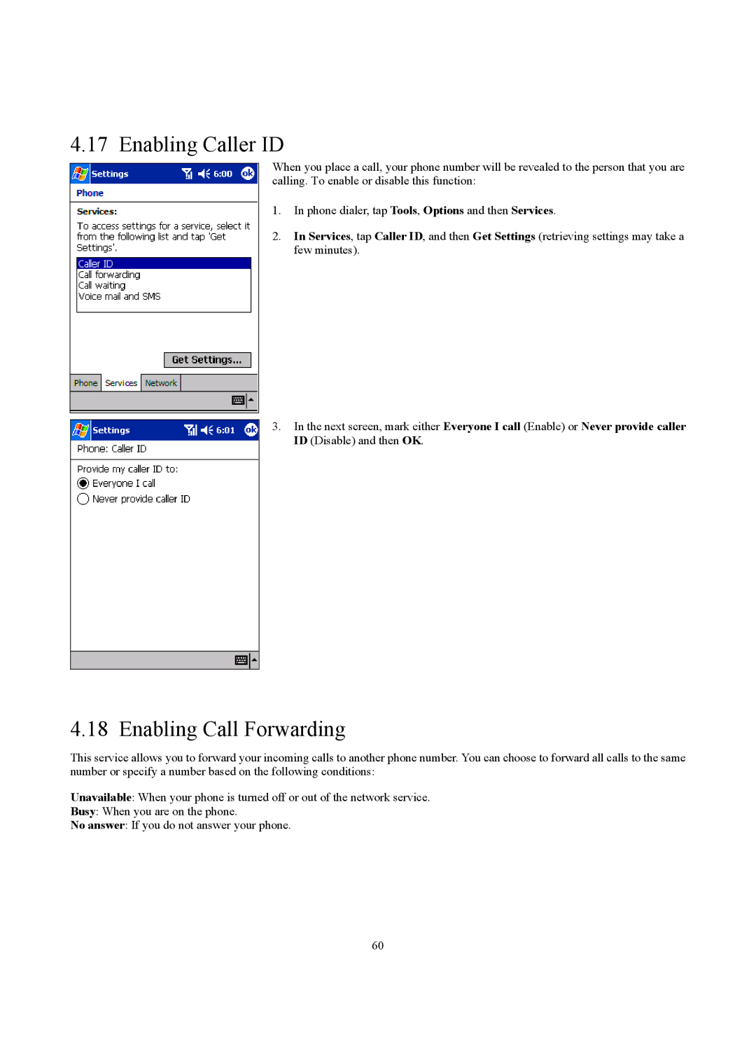 Siemens SX56 manual Enabling Caller ID, Enabling Call Forwarding 