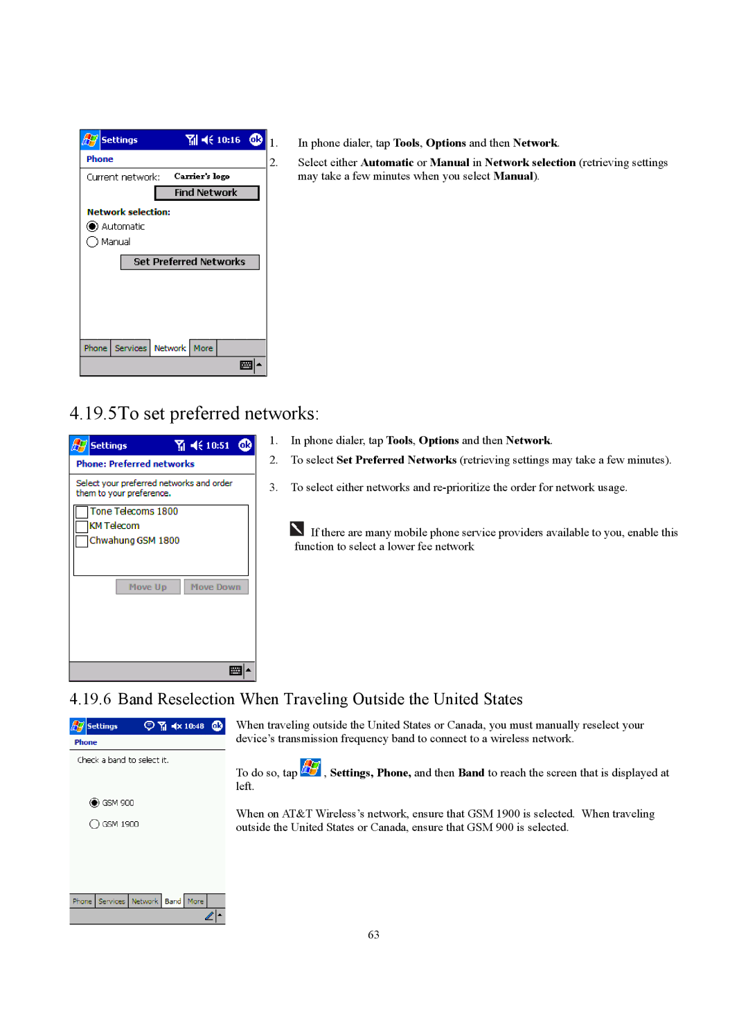 Siemens SX56 manual 19.5To set preferred networks, Band Reselection When Traveling Outside the United States 