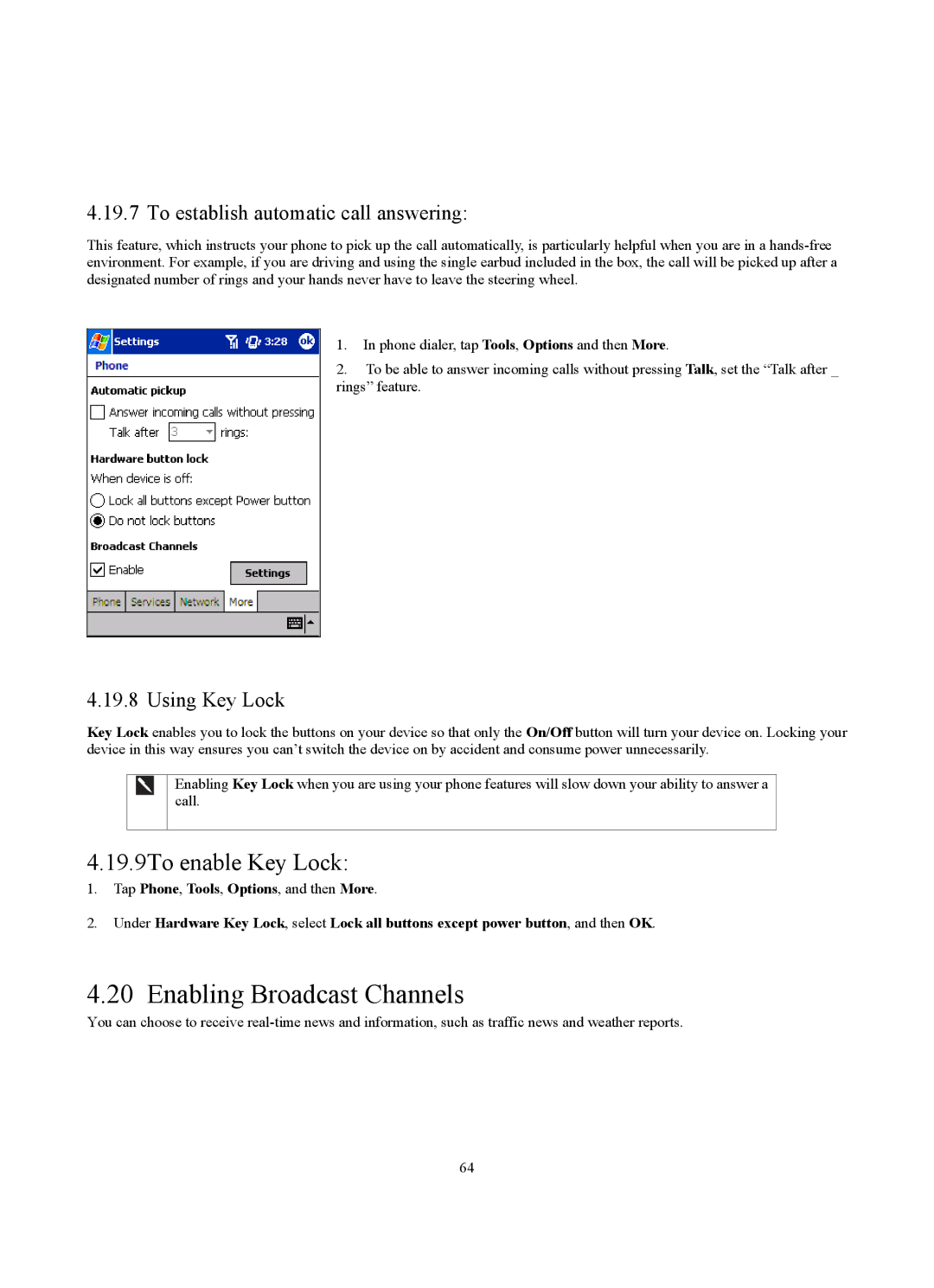 Siemens SX56 manual Enabling Broadcast Channels, 19.9To enable Key Lock 