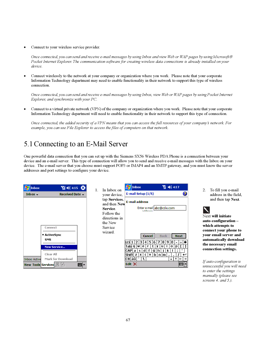 Siemens SX56 manual Connecting to an E-Mail Server 