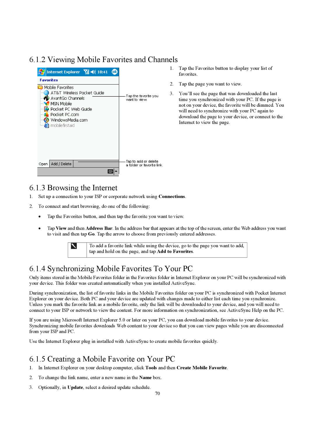 Siemens SX56 manual Viewing Mobile Favorites and Channels, Browsing the Internet, Synchronizing Mobile Favorites To Your PC 